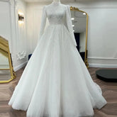Dubai Luxury Bridal Dresses Lace Beaded A-Line Arabic Wedding Gowns For Women Bride Full Sleeves Vestido De Casamento WHITE